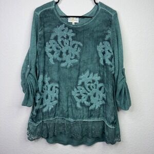 Belle France Shirt M Green Silk Blend Sequin Whimsigoth Boho Lagenlook Italy